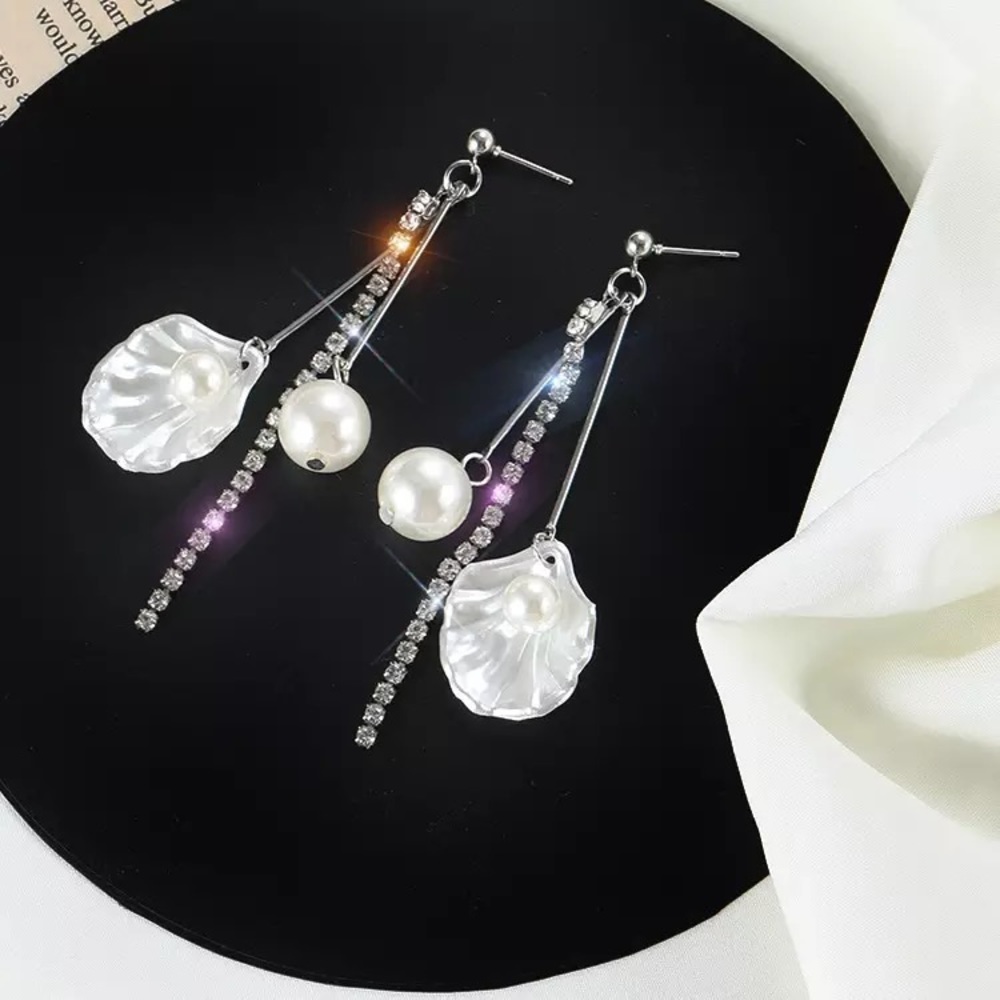 Crystal Tassel Shell Pearl Drop Stud Earrings